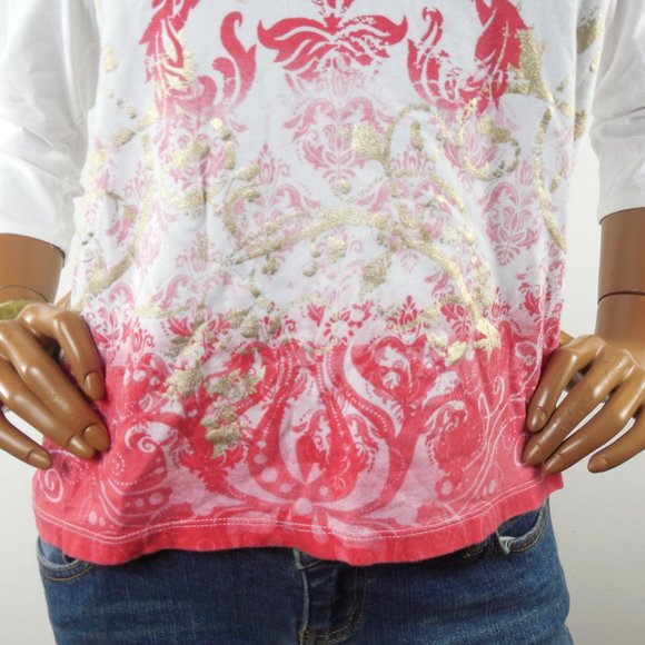 CHICO'S Top M Sz 1 Casual Shirt White/Red/Gold Stretch Cotton Blouse 3/4 Sleeves - Picture 3 of 9